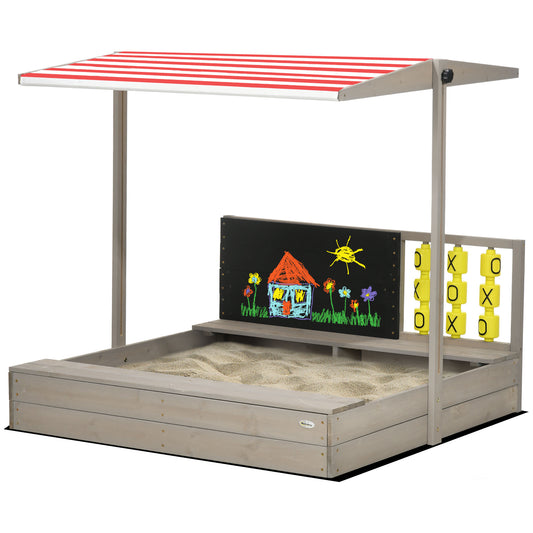 Outsunny Kids Wooden Sandpit, Sandbox w/ Canopy, Seats, for Gardens - Grey